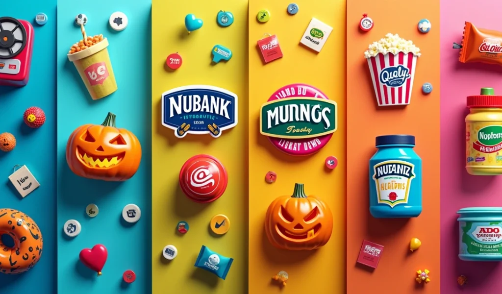 Montagem de elementos gráficos representando campanhas de marketing digital virais com logotipos de Nubank, Heinz, Kopenhagen, Hellmann’s e outras marcas, fundo vibrante e colorido