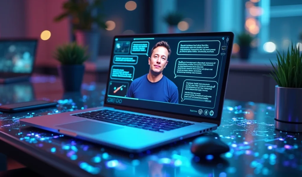 Chatbot Grok em interface digital futurista com elementos de inteligência artificial e Elon Musk em segundo plano