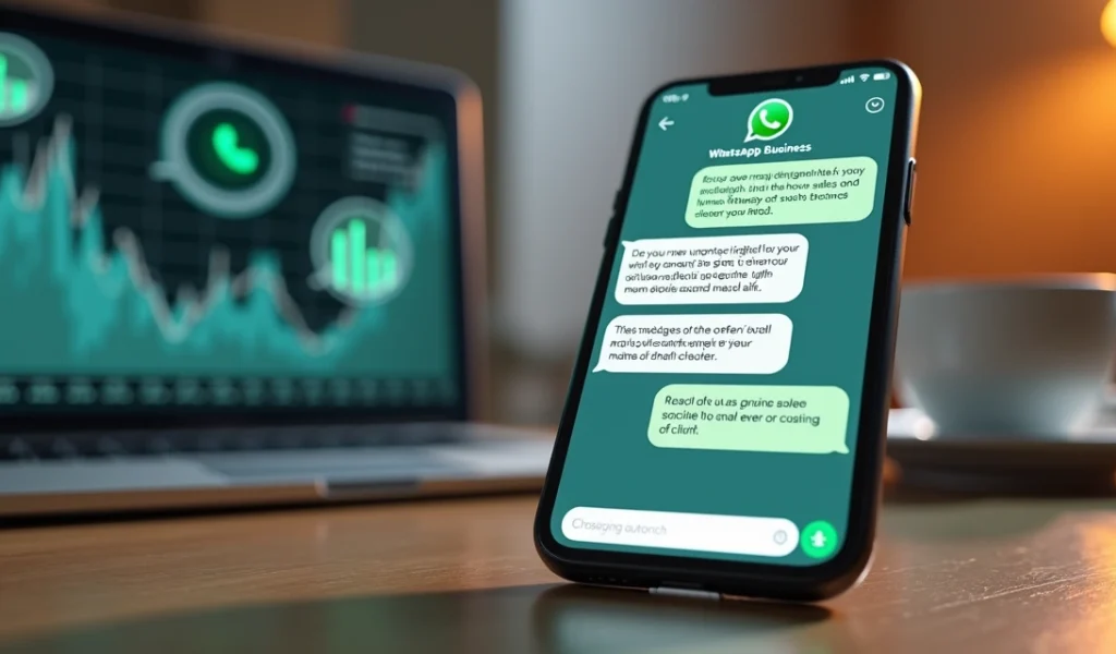 Celular exibindo conversa no WhatsApp Business com mensagens de vendas e gráficos de conversão ao fundo