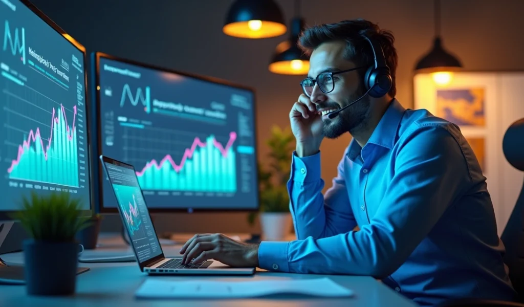 Profissional de vendas fechando negócio em escritório moderno com computador e gráficos de desempenho ao fundo