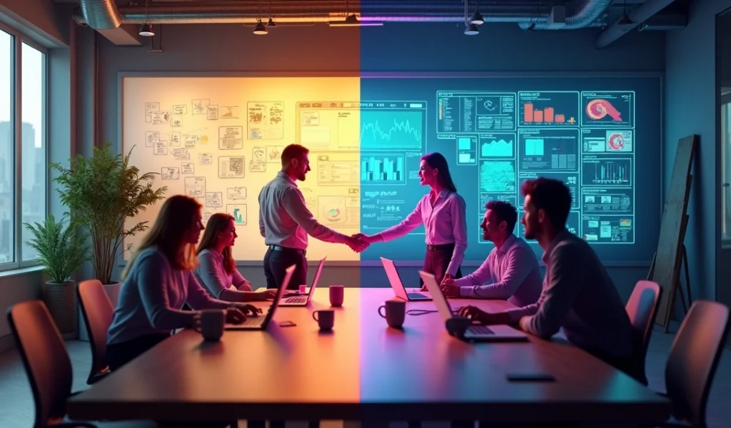 Mesa com equipe interna de marketing de um lado e agência parceira do outro lado se conectando por tela gigante