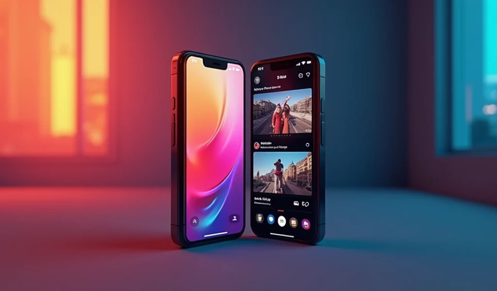 Tela dividida mostrando interface do Instagram Reels com fundo colorido e TikTok com fundo escuro, ícones de curtidas e comentários visíveis