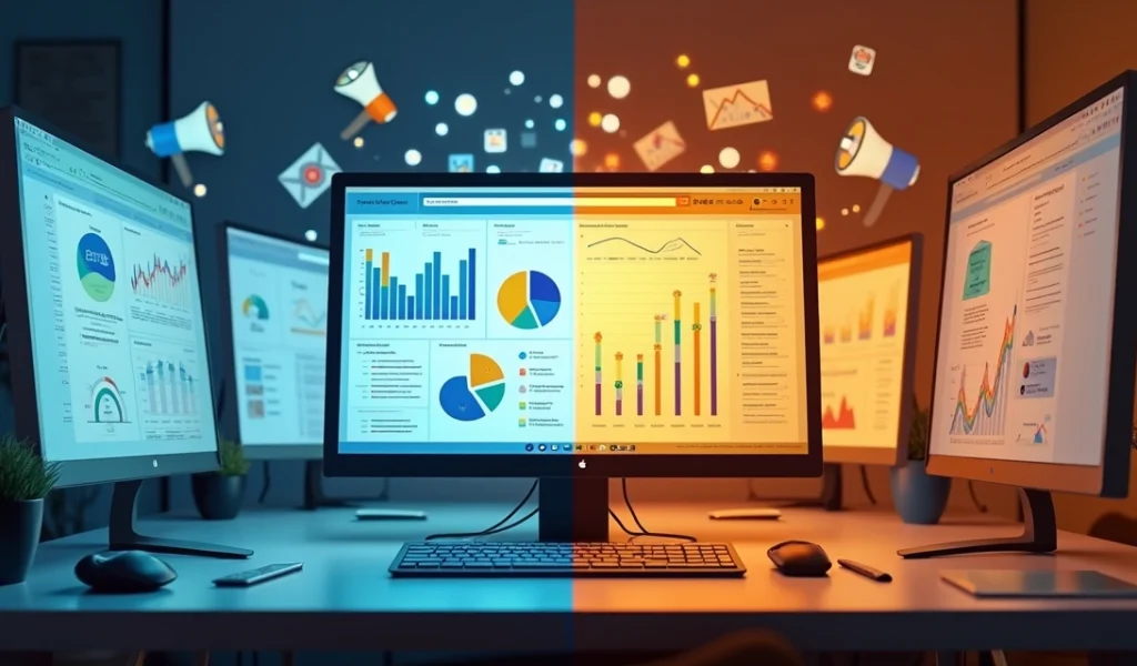 comparativo-email-marketing-plataforma-anuncios-197.webp Representação digital dividida mostrando ferramentas de email marketing à esquerda com gráficos e computadores e plataforma de anúncios à direita com telas de anúncios digitais coloridas
