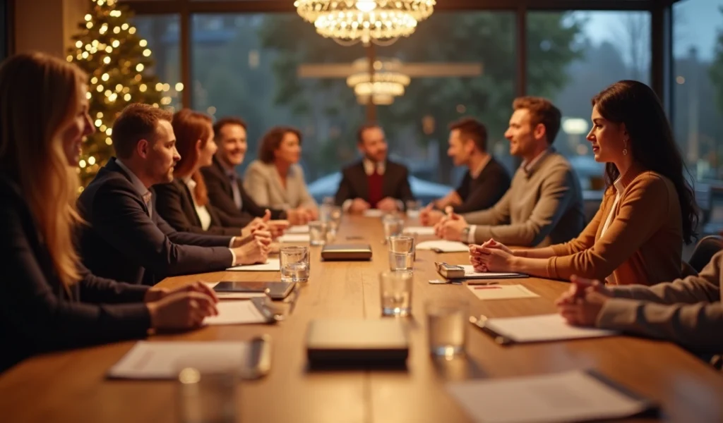 Mesa de reunião com pessoas trocando cartões e mensagens corporativas de final de ano com decorações festivas