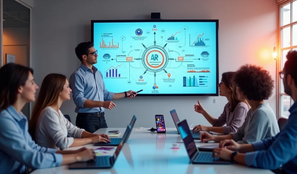 Profissional explicando conceito técnico em tela digital para equipe não técnica em escritório moderno