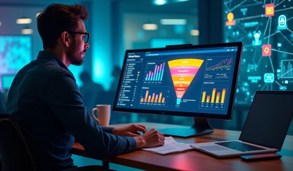 Profissional analisando painel digital com funil e métricas de marketing digital