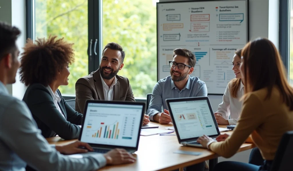 Profissionais discutindo estratégia de SEO em escritório moderno com laptop e gráficos de desempenho na tela