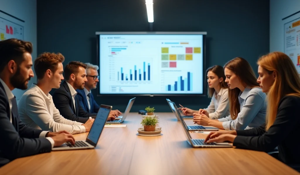 Profissionais de marketing e vendas alinhando estratégias em reunião moderna, ambiente corporativo iluminado, câmeras claras e computadores com gráficos nas telas