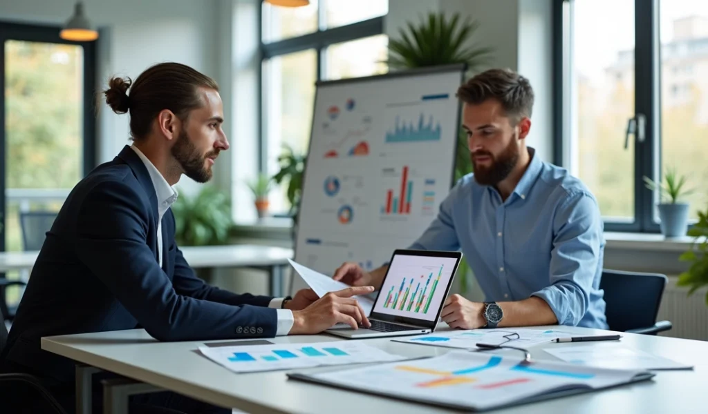 Profissional de vendas analisando gráficos enquanto conversa com consultor ao lado de laptop em ambiente de escritório moderno