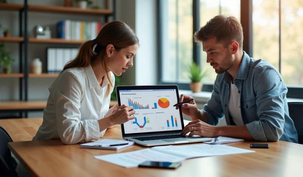 Mesa de reunião com laptop aberto mostrando gráficos e duas pessoas discutindo estratégias de marketing digital e vendas