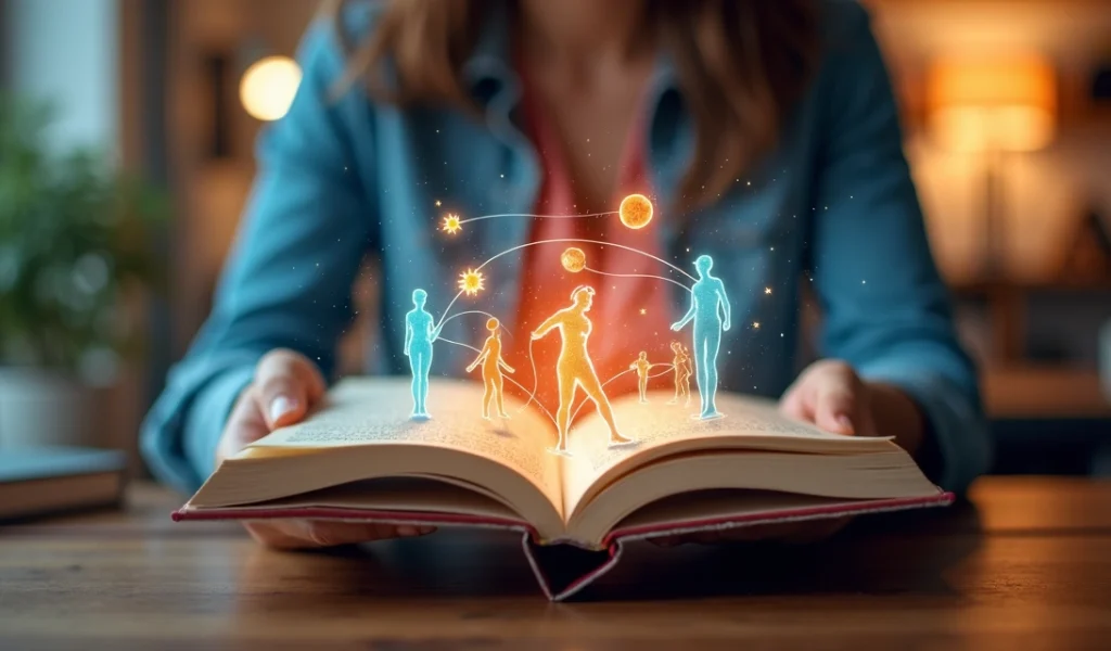 Pessoa segurando livro aberto com elementos visuais de histórias e conexões emocionais ao redor