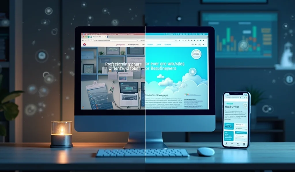 Comparação entre um site amador e um site profissional mostrando diferenças visuais e técnicas