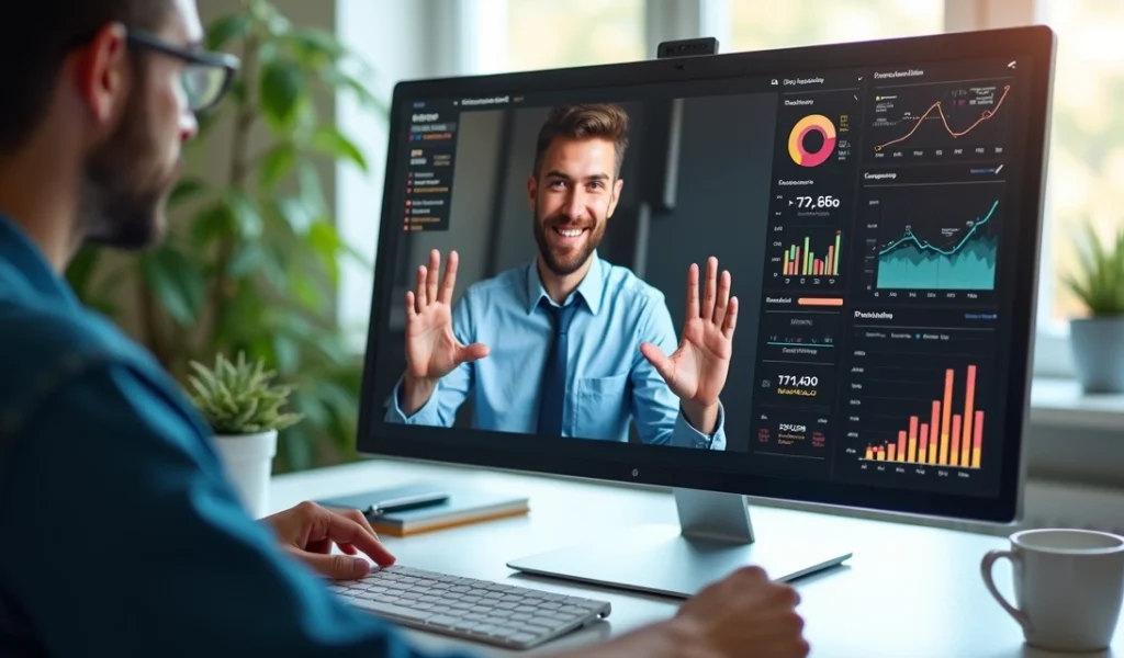 Close-up de uma videochamada de vendas com gráficos de conversão na tela do computador
