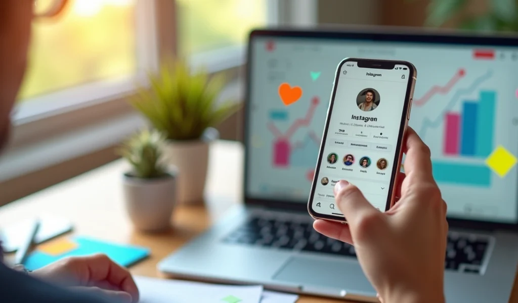Mãos segurando smartphone mostrando perfil do Instagram com crescimento de seguidores