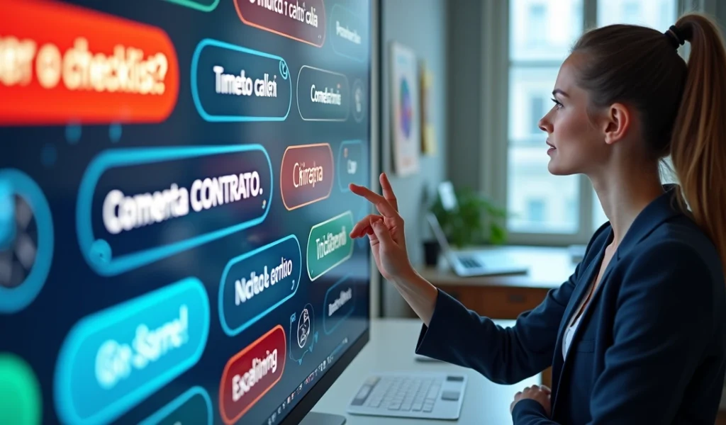 Pessoa digital interagindo com tela que exibe botões coloridos de chamada para ação em ambiente de trabalho moderno