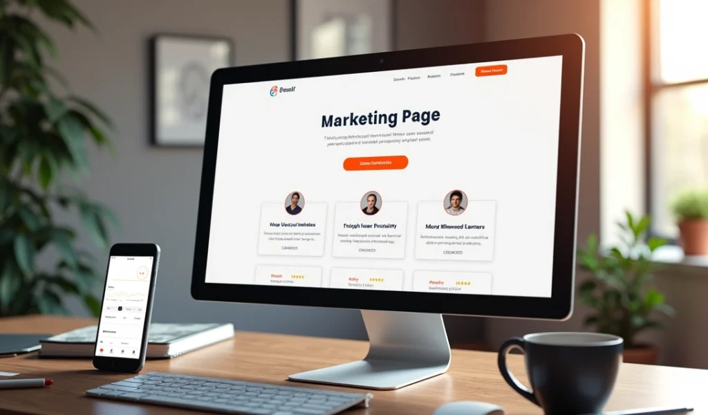 Tela de computador exibindo uma landing page moderna e responsiva com chamada para ação destacada e elementos de prova social visíveis