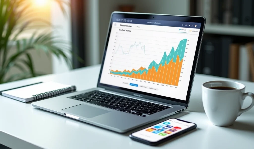 Mesa de trabalho moderna com laptop aberto mostrando portfólio digital, gráficos de vendas e elementos de design responsivo em tela clara
