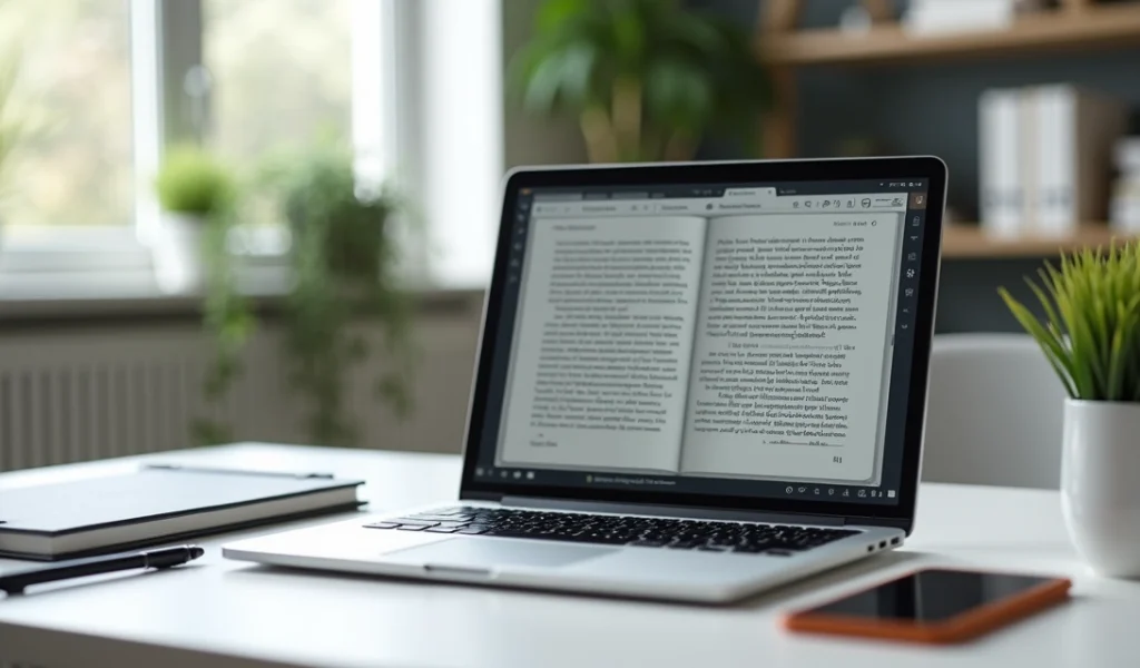 Mesa de trabalho moderna com laptop aberto exibindo editor de eBook, cadernos, tablet e caneta ao lado, ambiente de escritório bem iluminado com plantas e decoração minimalista