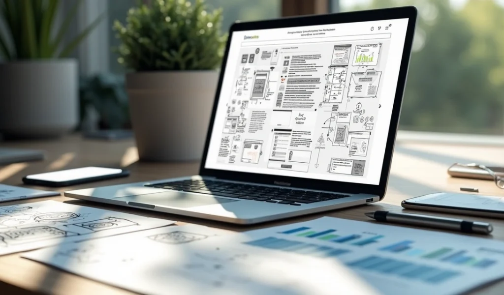 Mesa de trabalho com laptop mostrando diagramas de site, anotações com design responsivo e elementos de SEO ao redor