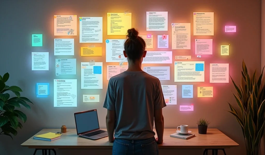 Criador de conteúdo organiza posts digitais coloridos com ajuda de IA