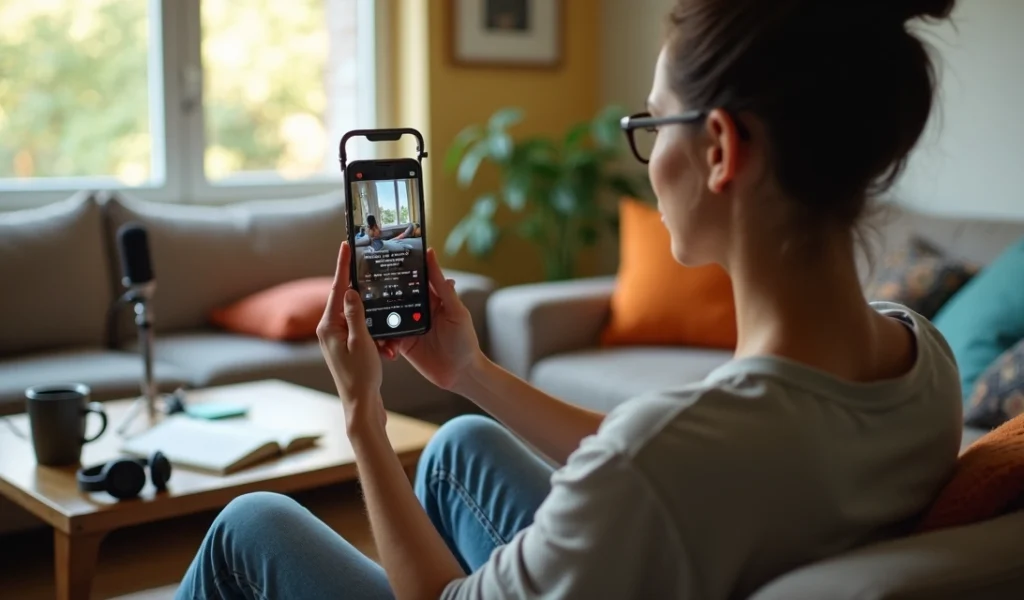 Pessoa gravando conteúdo lo-fi com smartphone na mão em sala simples e iluminada