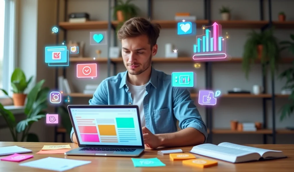 Profissional planejando posts de redes sociais em mesa com laptop e ícones digitais
