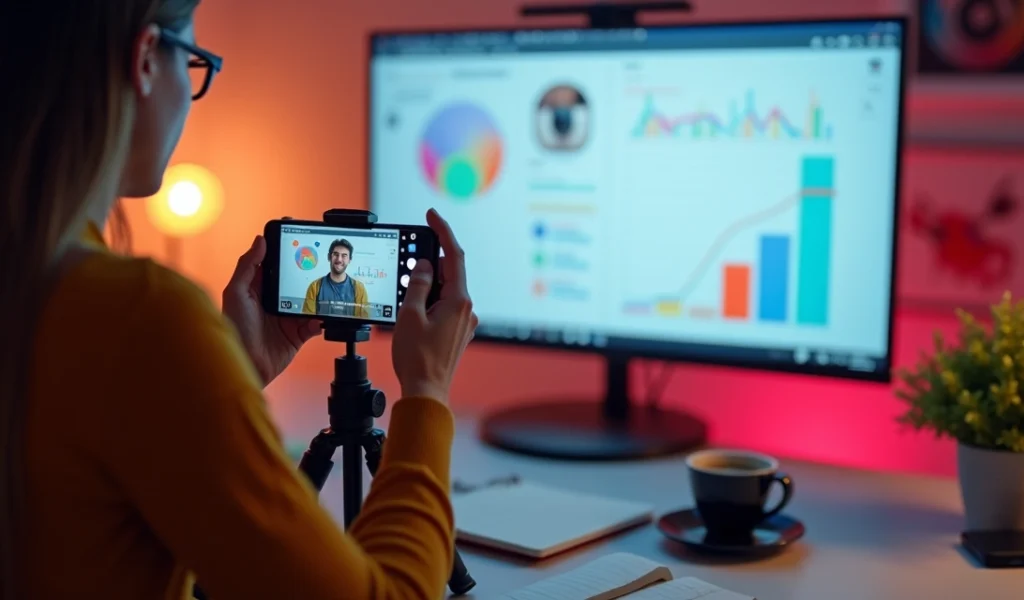 Criador de conteúdo produzindo vídeo original para Instagram no estúdio com iluminação profissional e smartphone