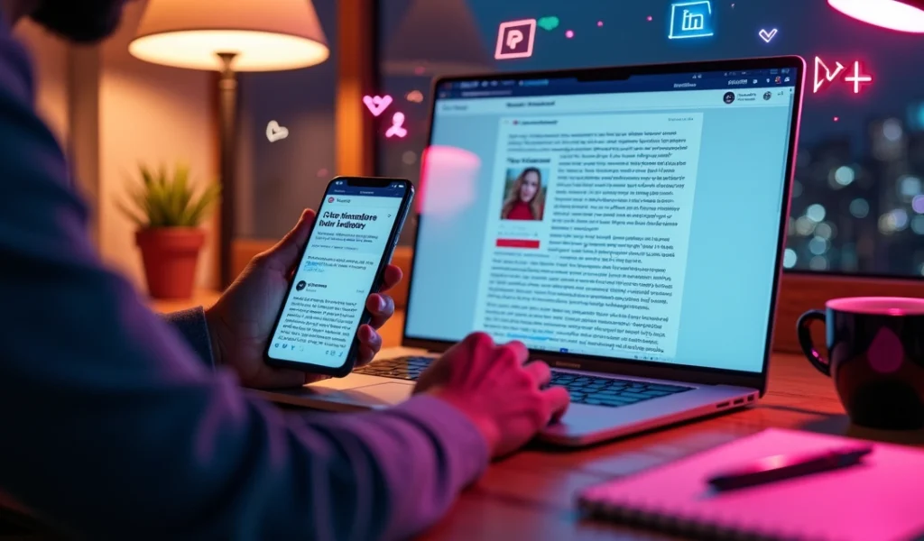 Profissional digitando legendas estratégicas para redes sociais em smartphone e notebook