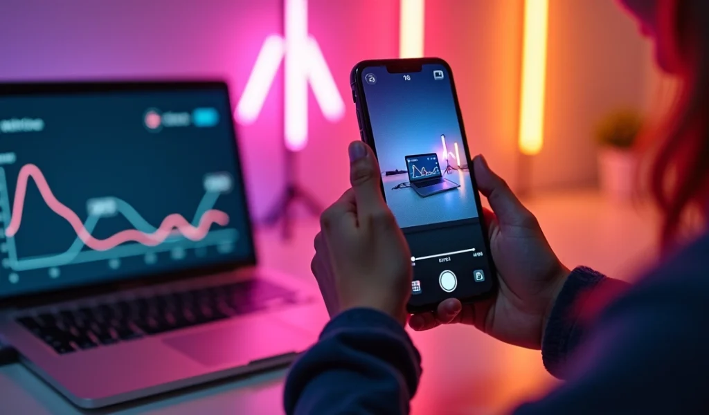 Criador de conteúdo grava Reels vertical no celular com tela do Instagram aberta
