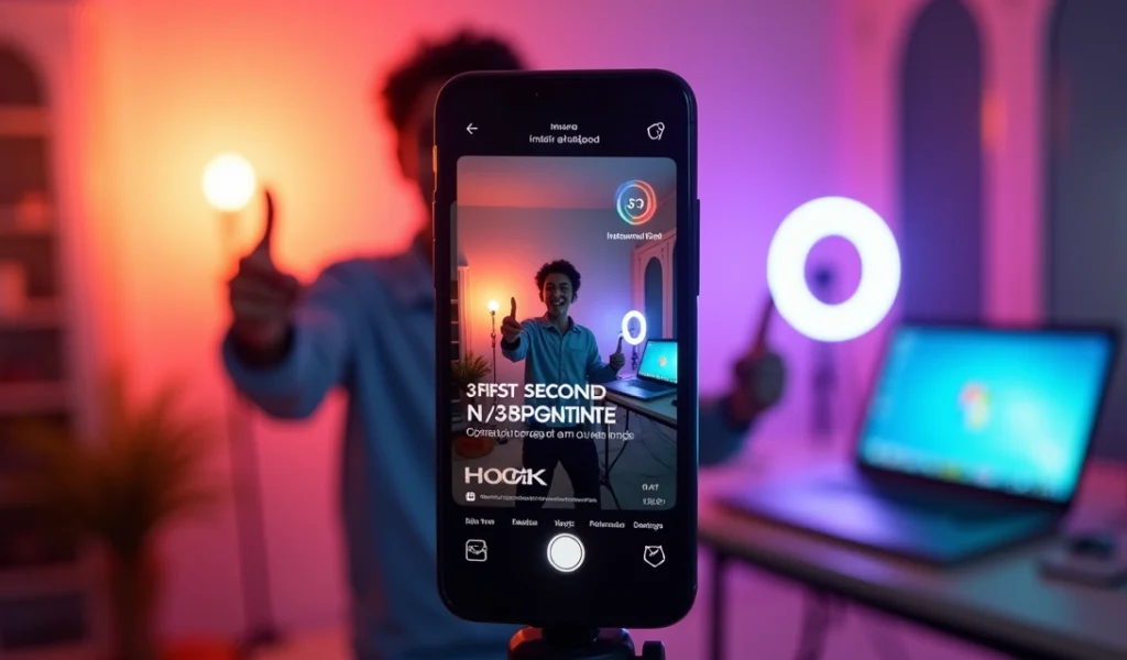 Criador grava Reels focado nos primeiros três segundos com ganchos em tela