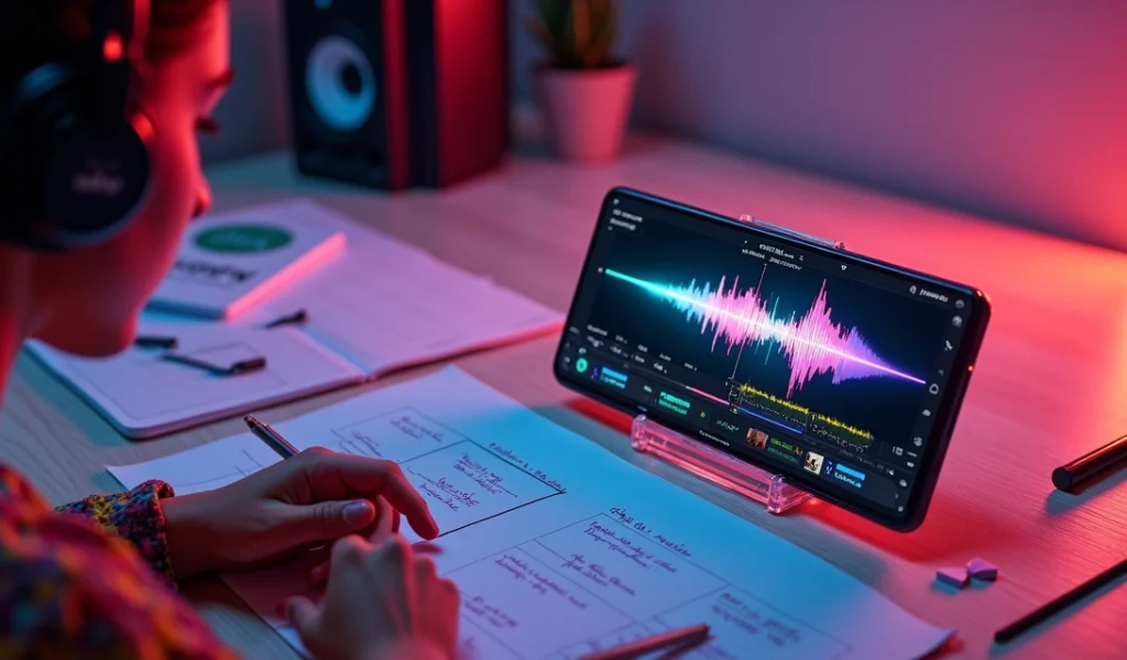 Criadora de conteúdo olhando tela vertical com ondas sonoras e ícones do Instagram e TikTok