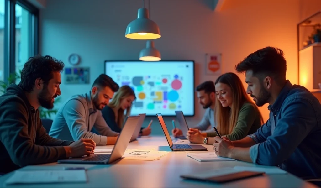 Equipe de criadores de conteúdo em um escritório moderno preparando vídeos curtos e designs para redes sociais com laptops, celulares e quadros coloridos