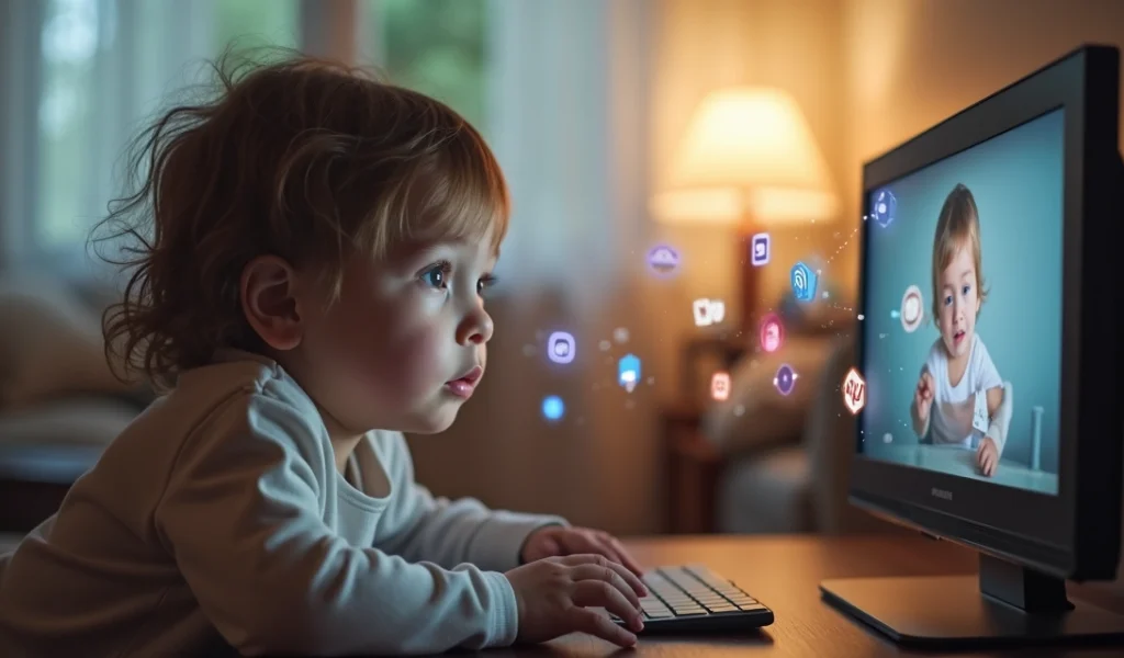 Criança olhando para tela digital com elementos visuais adultos sobrepostos ao redor