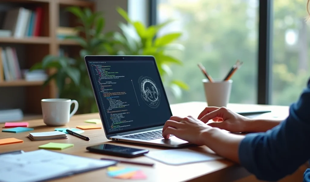 Pessoa trabalhando em escritório moderno com laptop mostrando códigos de inteligência artificial e esboços criativos lado a lado