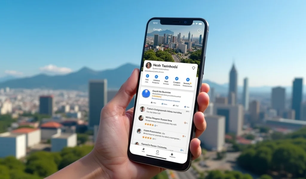 Smartphone exibindo perfil do Google Meu Negócio com mapa de Curitiba ao fundo