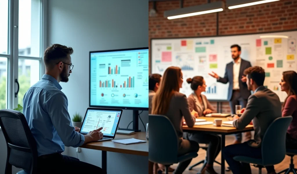 Sala de aula com gestor assistindo aula online em notebook e pessoas em workshop presencial interagindo com coach