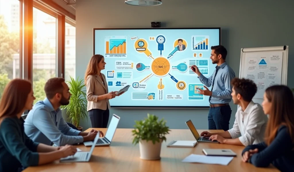 Profissionais discutindo estratégias de criação de conteúdo e treinamento em vendas em reunião corporativa moderna