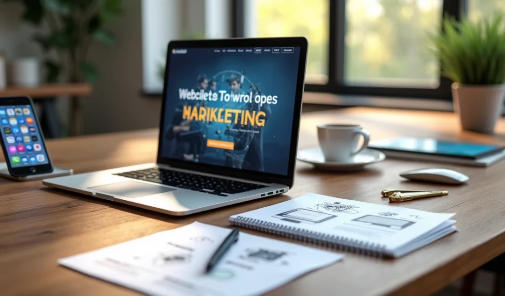 desenvolvimento-site-profissional-461.webp Mesa de trabalho com notebook exibindo criação de site profissional, cercada por anotações, smartphone e café