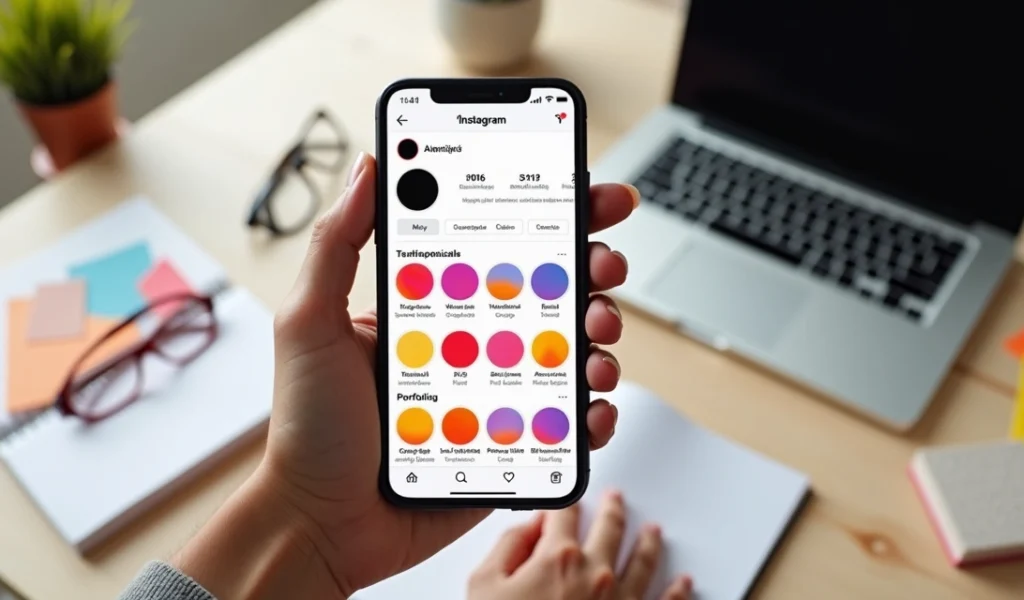 Tela de celular mostrando destaques do Instagram organizados em capas coloridas