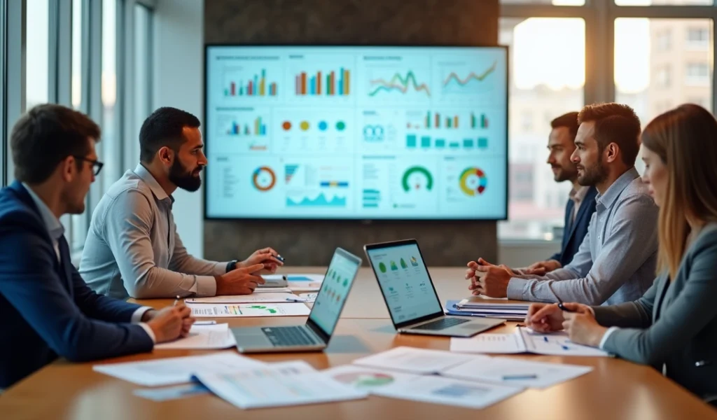 Gestores analisando gráficos em mesa de reunião durante diagnóstico de empresa