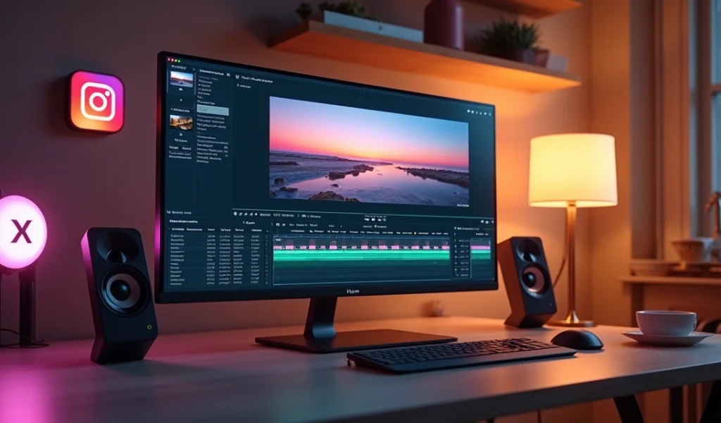 Tela de computador exibindo edição de vídeo no formato Reels Banner Cinematográfico com efeito panorâmico imersivo