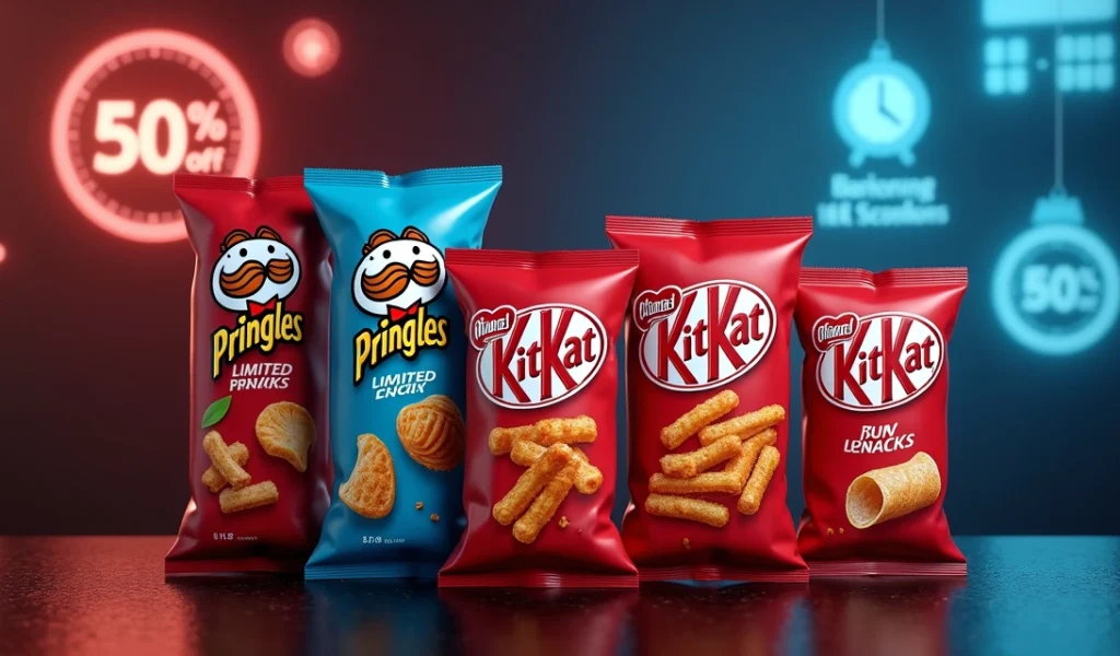 Edições limitadas de snacks Pringles, KitKat e Ruffles em exposição com fundo sofisticado e iluminação vibrante