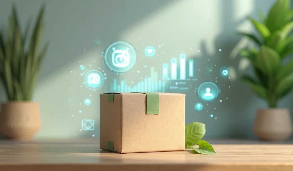 Embalagem sustentável ecológica elegante com elementos digitais ao fundo