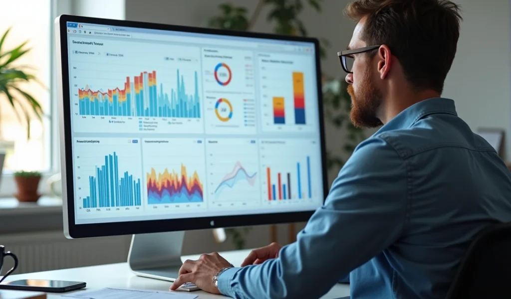Empreendedor analisando gráficos digitais em tela de computador em ambiente de escritório moderno