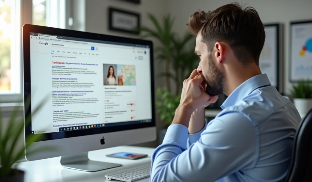 Empresário preocupado olhando para tela com site da empresa sem resultados no Google