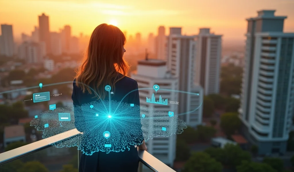 Empresária em Curitiba observando mapa digital com destaques de marketing