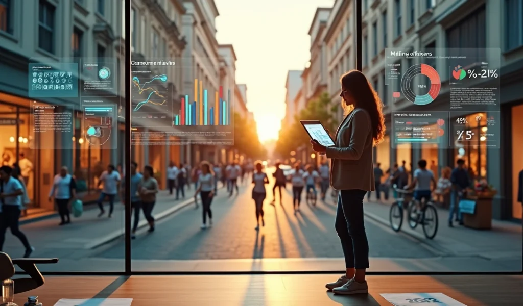 Empresária observa consumidoras com estilo de vida fitness em ambiente urbano moderno