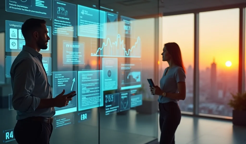 Empresário diante de parede com projeções da sua marca pessoal nas redes sociais