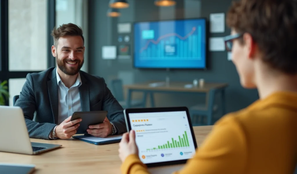 Empresário mostrando tablet com avaliações no Google para cliente em escritório moderno