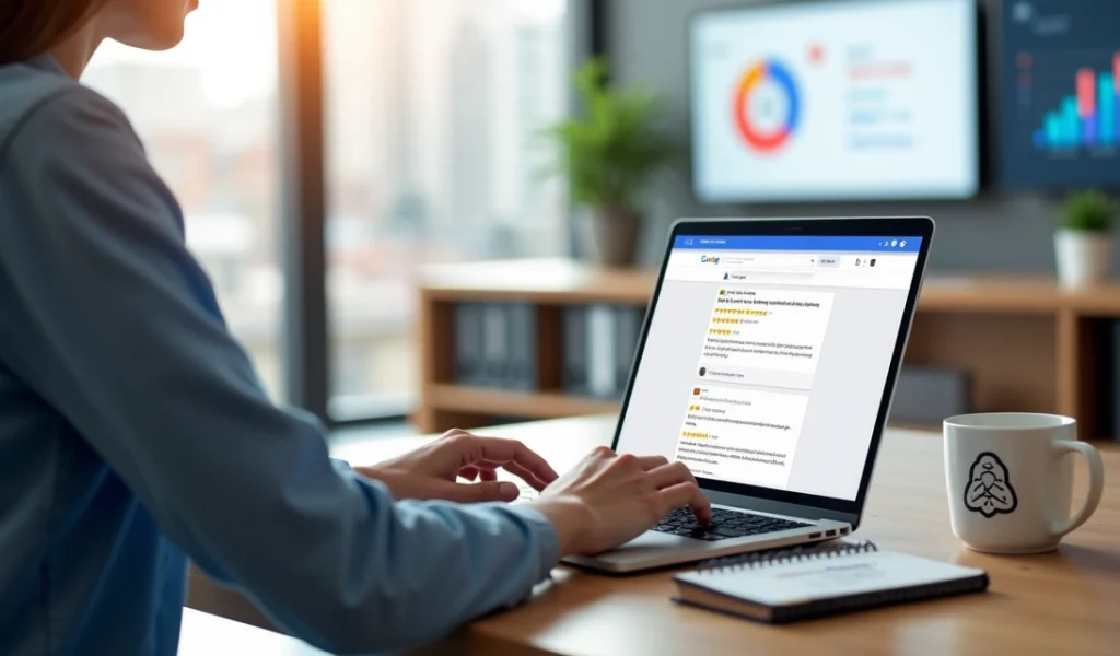 Empresário analisando avaliações do Google no notebook em escritório moderno